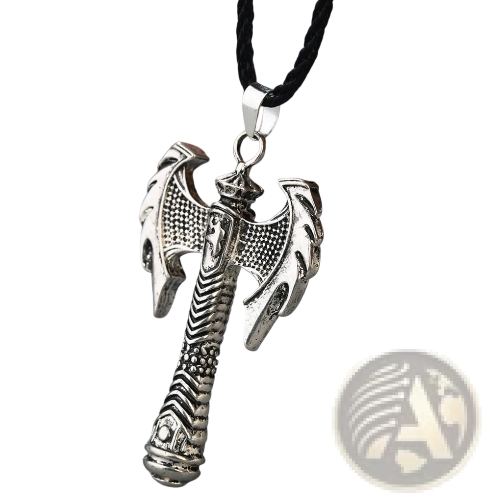 Intricate silver double-headed viking axe pendant necklace with engraved details and textured handle on black braided cord