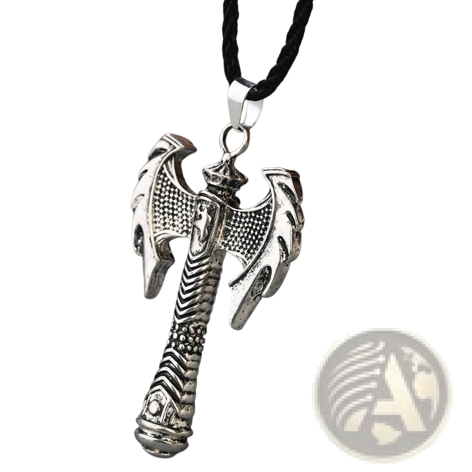 Intricate silver double-headed viking axe pendant necklace with engraved details and textured handle on black braided cord