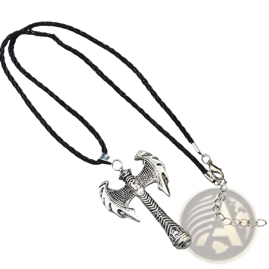 Intricate silver Viking axe pendant necklace with black braided cord and silver chain clasp for stylish wear