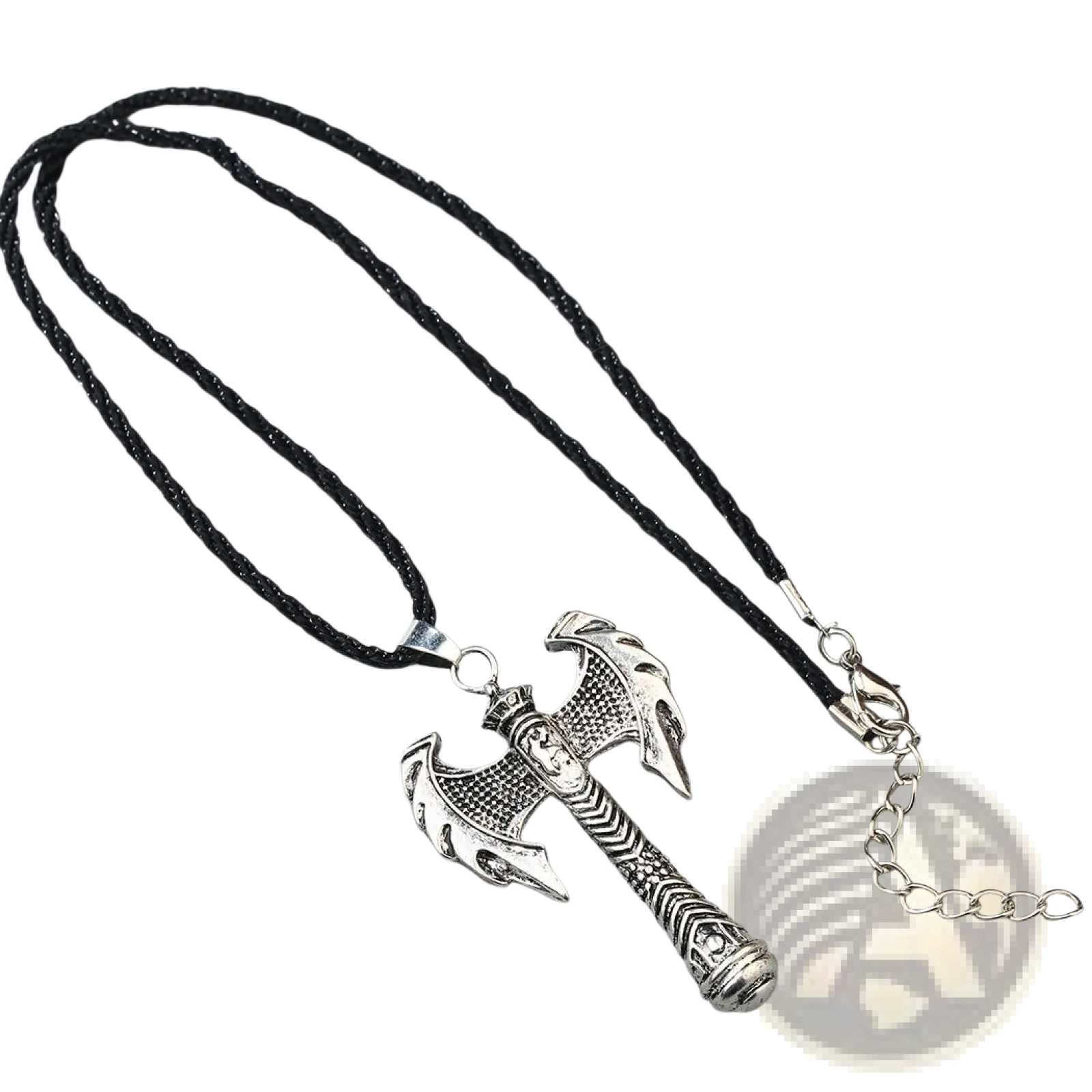 Intricate silver Viking axe pendant necklace with black braided cord and silver chain clasp for stylish wear