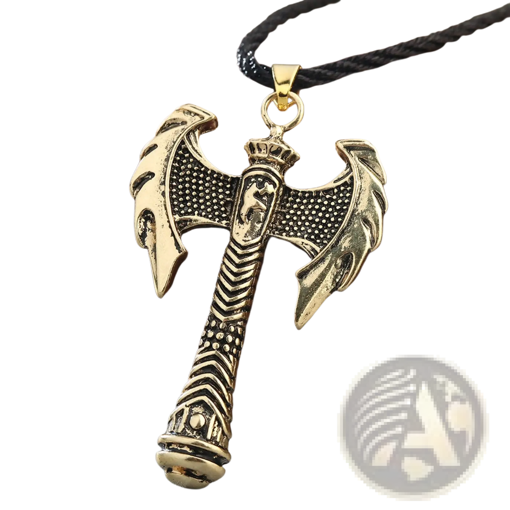 Intricate gold-colored viking axe pendant necklace with textured blades and patterned handle on braided cord