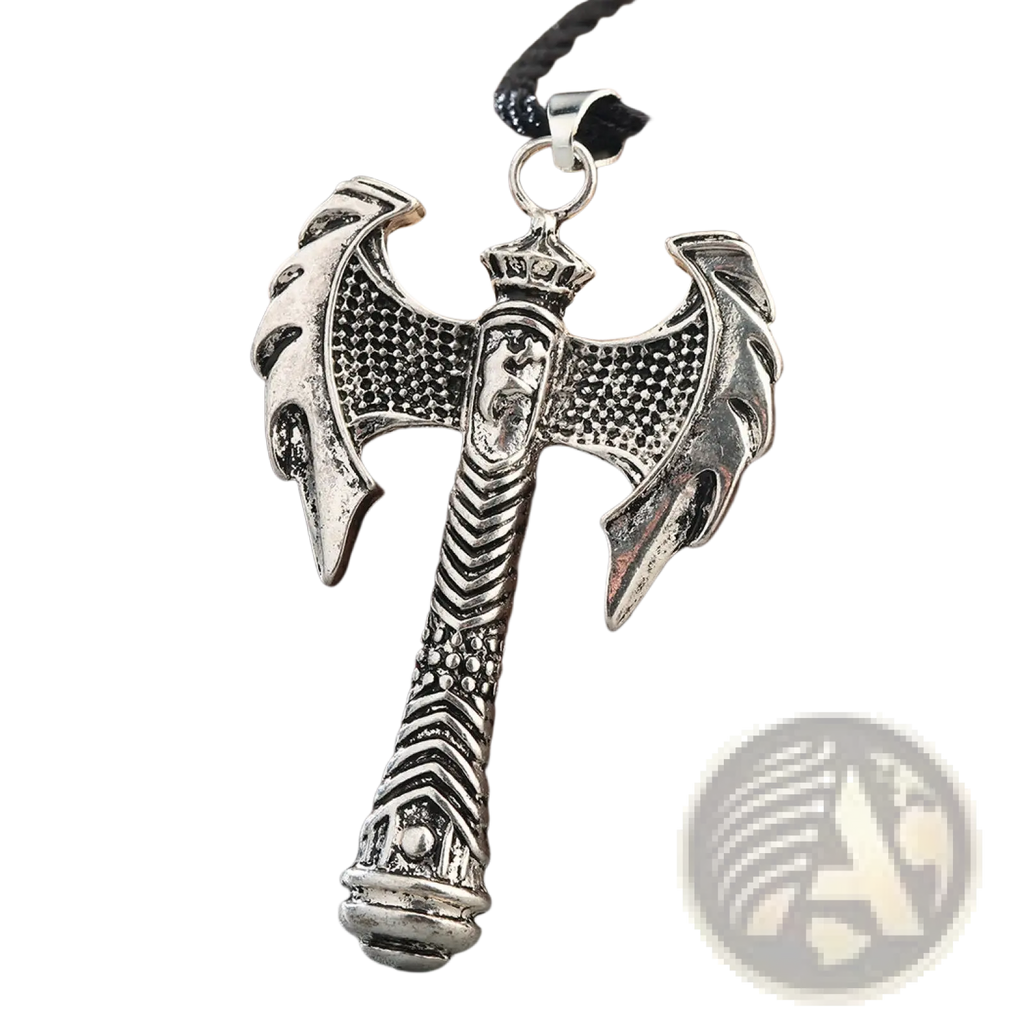 Intricate silver viking axe pendant necklace with engraved details and black braided cord for wearable jewelry