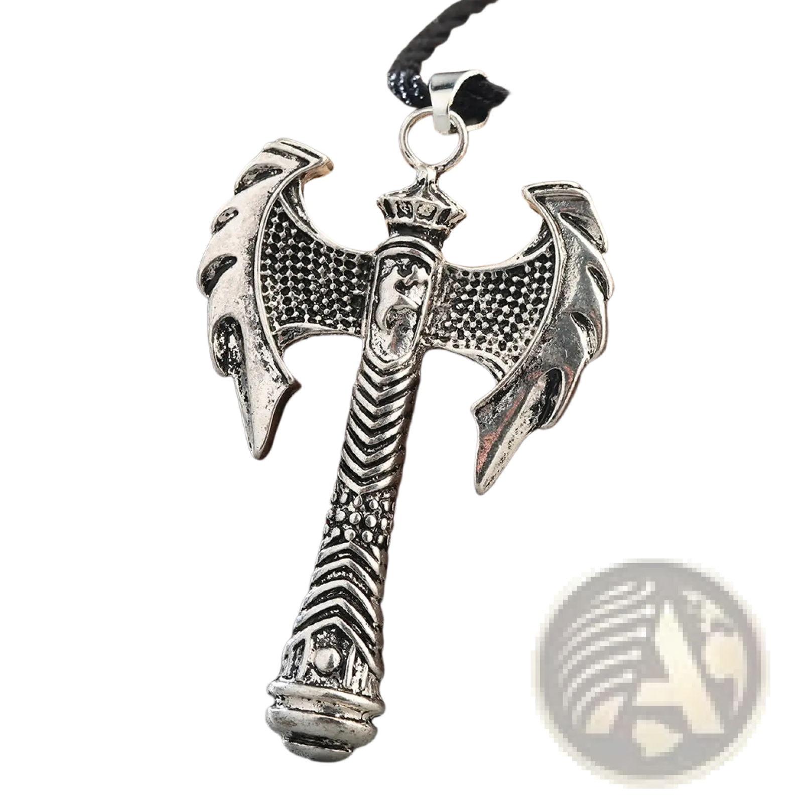 Intricate silver viking axe pendant necklace with engraved details and black braided cord for wearable jewelry
