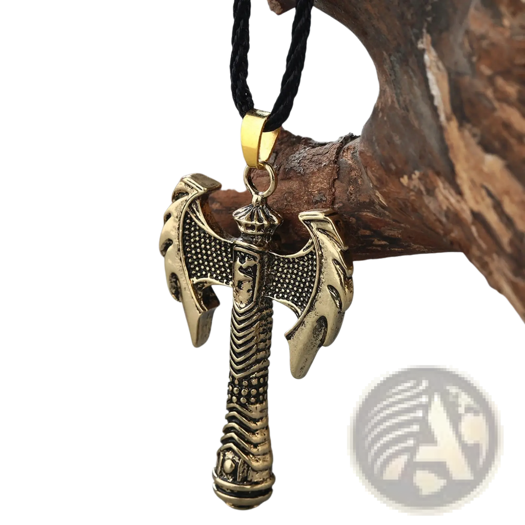 Gold-colored metallic intricate Viking axe pendant necklace with braided black cord for stylish accessory use
