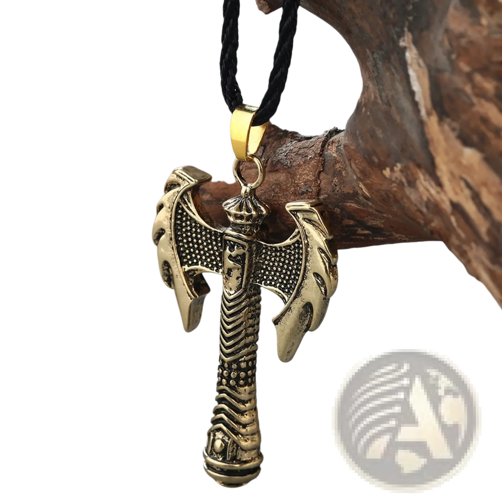 Gold-colored metallic intricate Viking axe pendant necklace with braided black cord for stylish accessory use