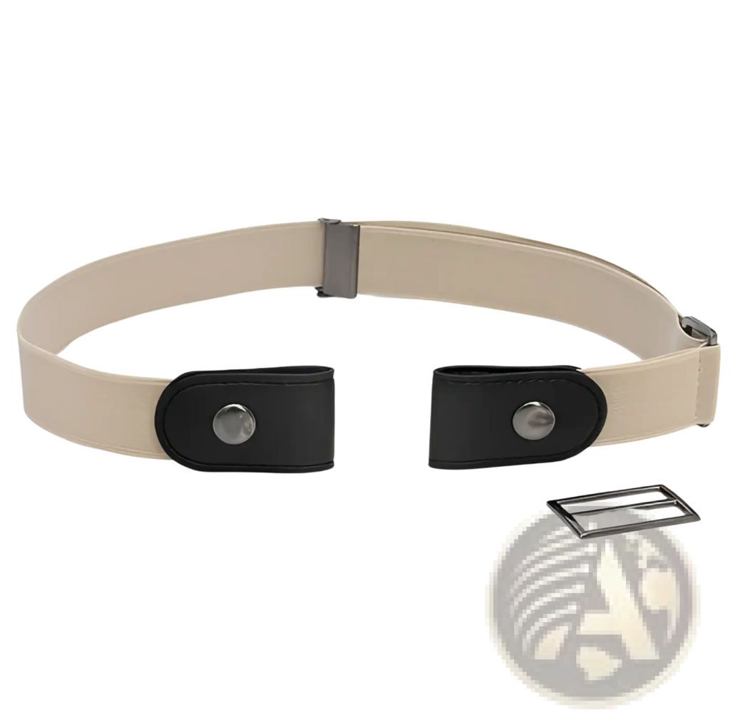 Beige invisible elastic stretch belt for women with black leatherlike ends and silver metal clasps