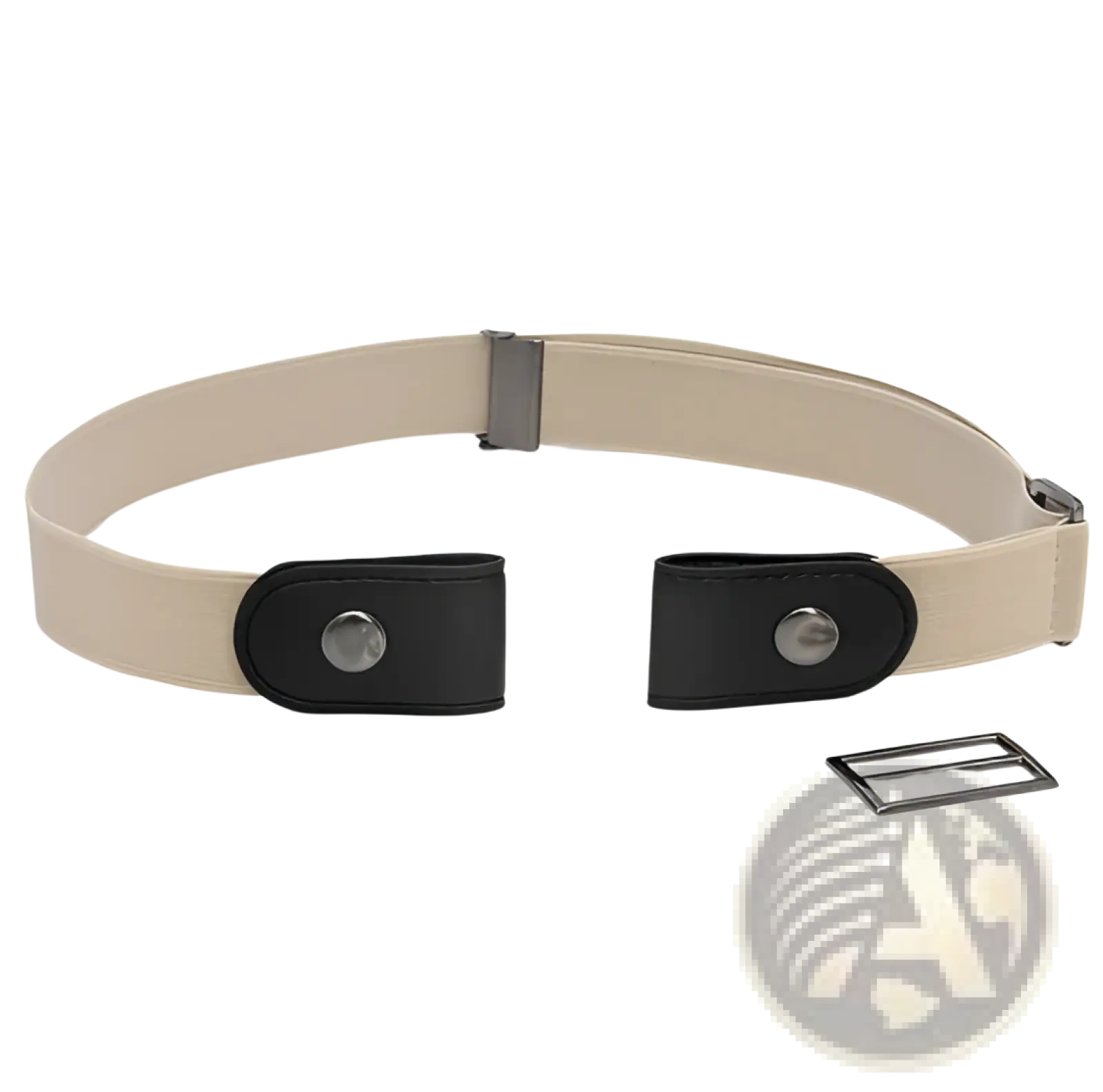 Beige invisible elastic stretch belt for women with black leatherlike ends and silver metal clasps