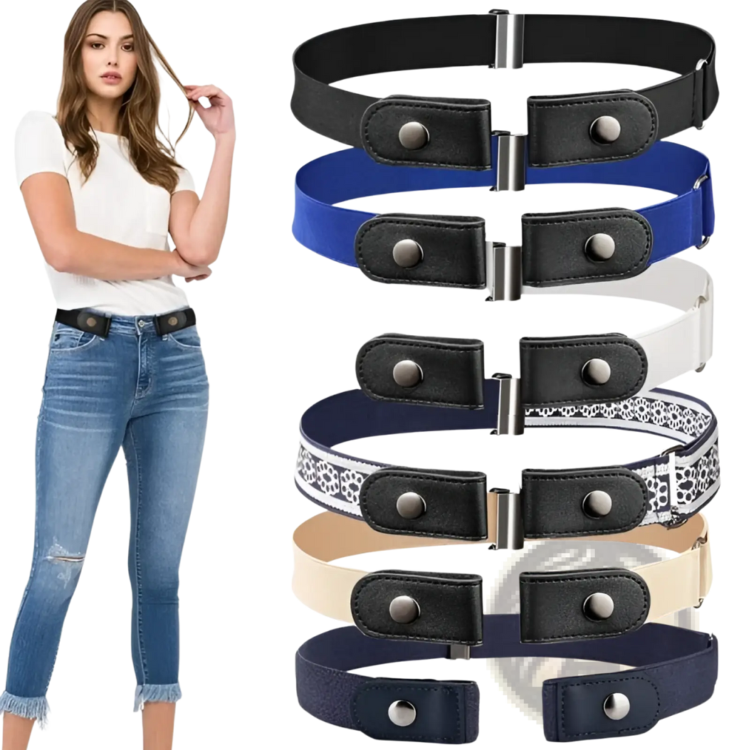 Black invisible elastic stretch belt for women with silver-toned metal buckle and snap closure in elastic material
