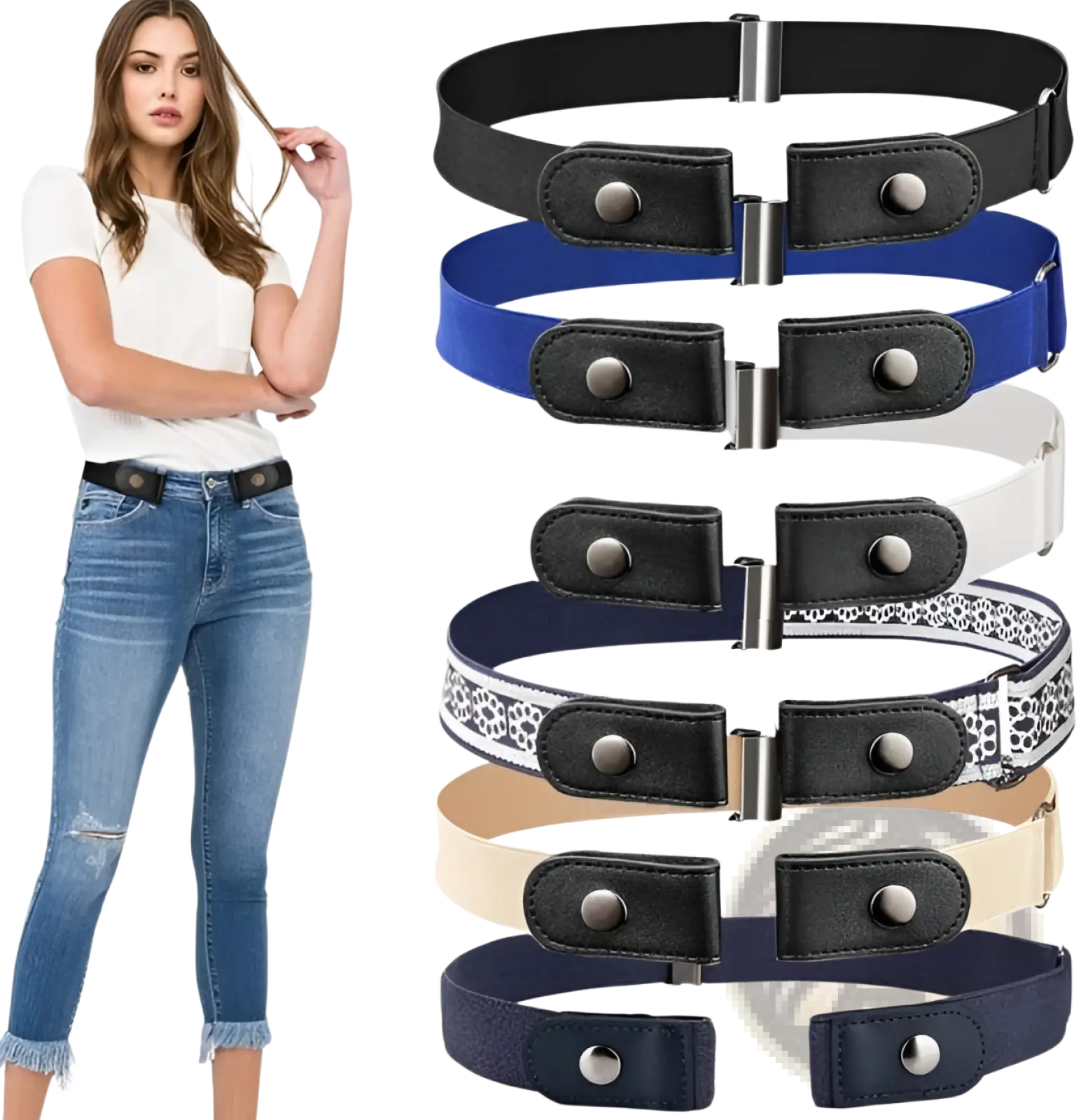 Black invisible elastic stretch belt for women with silver-toned metal buckle and snap closure in elastic material