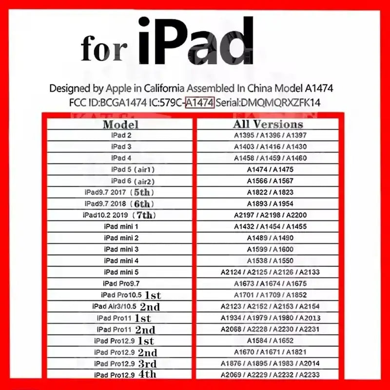 White and black ipad model a1474 compatibility chart for ipad air 4 charging port flex cable showing chip codes and models