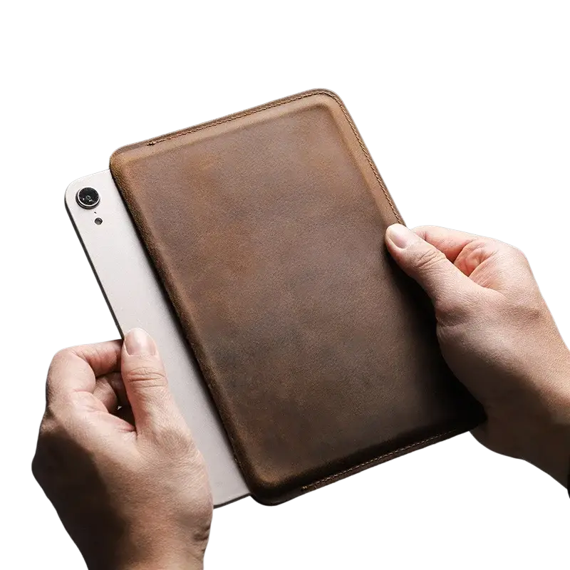 Brown leather ipad mini a17 pro genuine leather sleeve with visible stitching and vintage finish