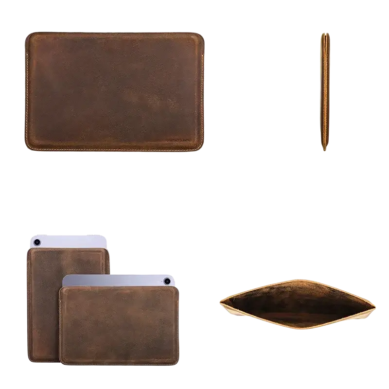 Brown leather ipad mini a17 pro sleeve with genuine leather, stitched edges, and soft interior lining for protection