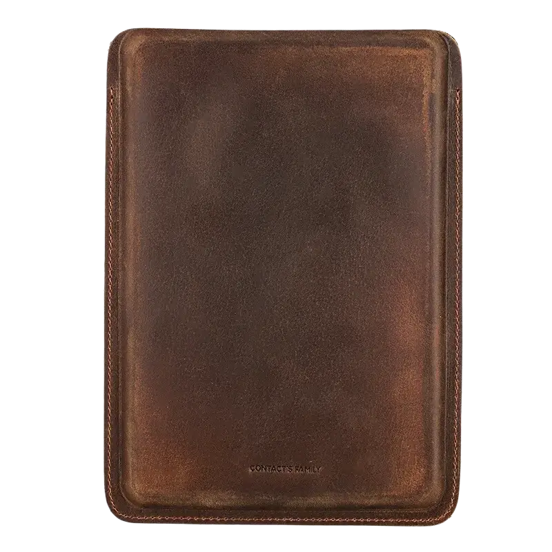 Brown genuine leather sleeve for ipad mini a17 pro with visible stitching and subtle aged patina