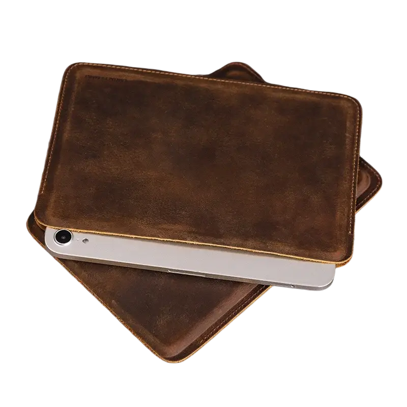 Brown leather ipad mini a17 pro genuine leather sleeve with visible stitching and vintage worn texture
