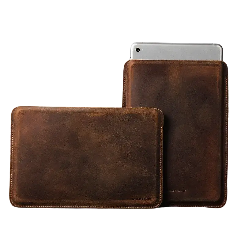 Brown genuine leather ipad mini a17 pro sleeve with visible stitching and subtle distressed finish for tablet protection