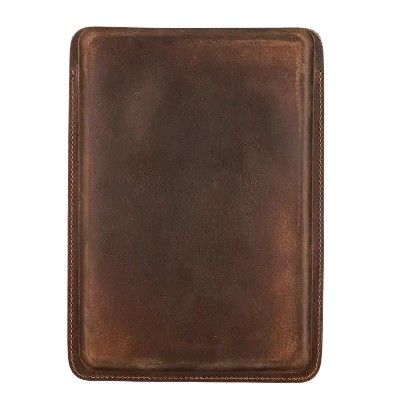 Ipad mini a17 pro genuine leather sleeve in rich dark brown with visible stitching along the edges