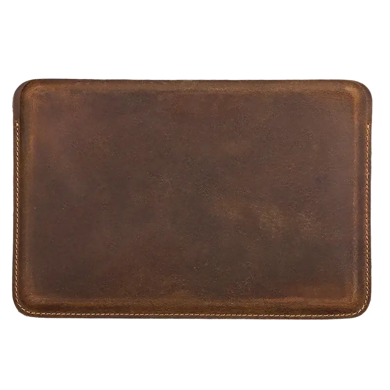 IPad mini A17 Pro genuine leather sleeve in rich dark brown with visible stitching along the edges