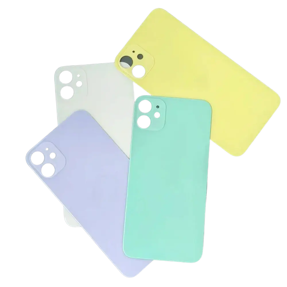 Pastel-colored iphone 11 replacement rear battery door with camera lens in yellow white lavender and mint green back side view