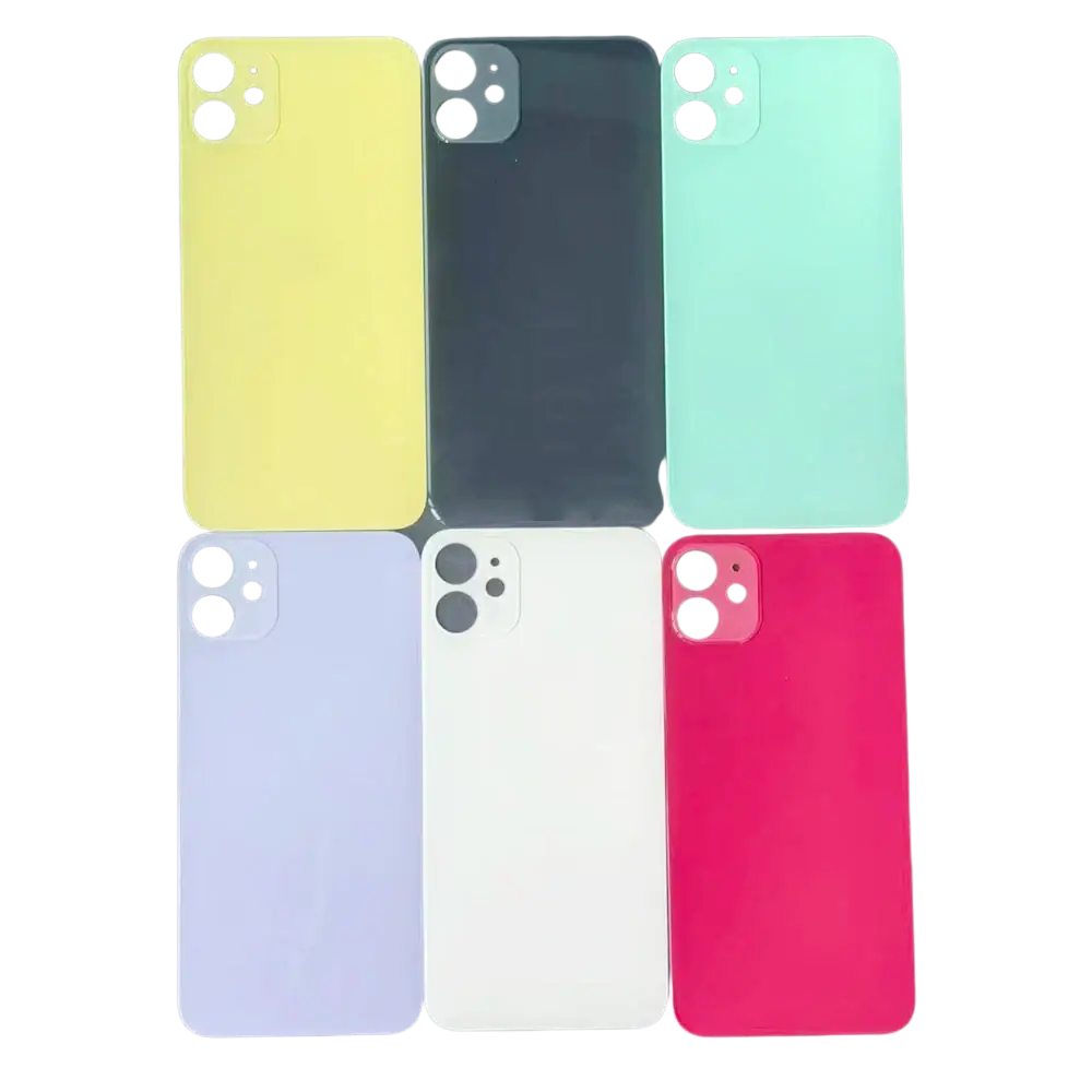 Six colorful iphone 11 replacement rear battery doors with camera lens in yellow black mint green lavender white and red shown from back