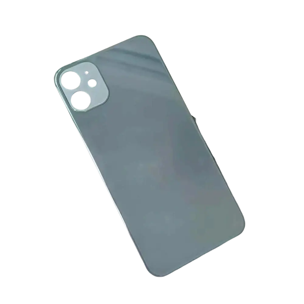 Back side of a sleek matte black iphone 11 replacement rear battery door with smooth glass finish and camera lens cutout