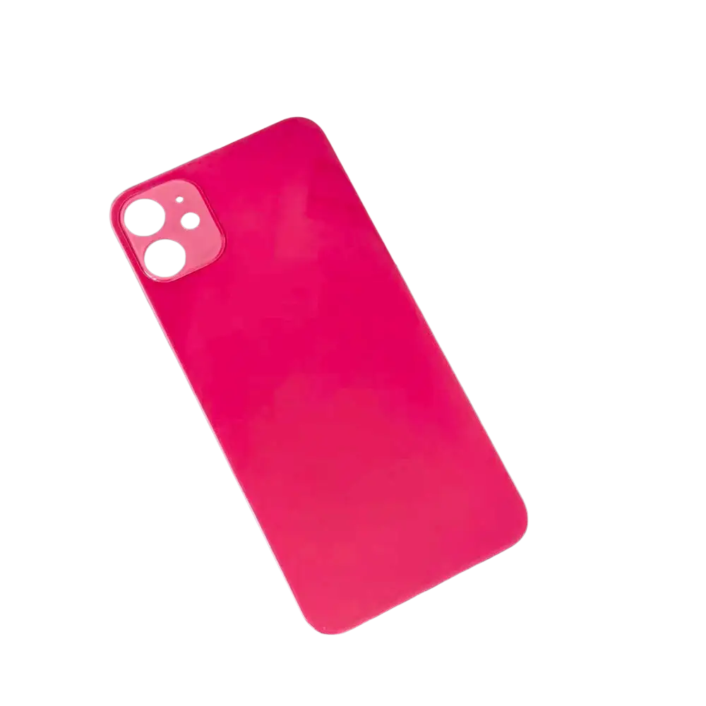 Vibrant red glossy iphone 11 replacement rear battery door showing precise camera lens cutout on the back side