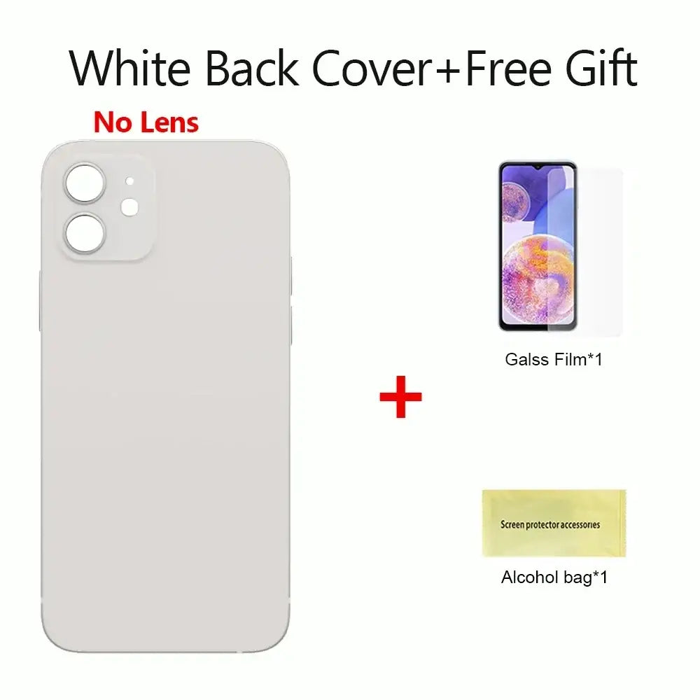 White glass back cover replacement for iPhone 12 with dual-camera cutout and battery cover design