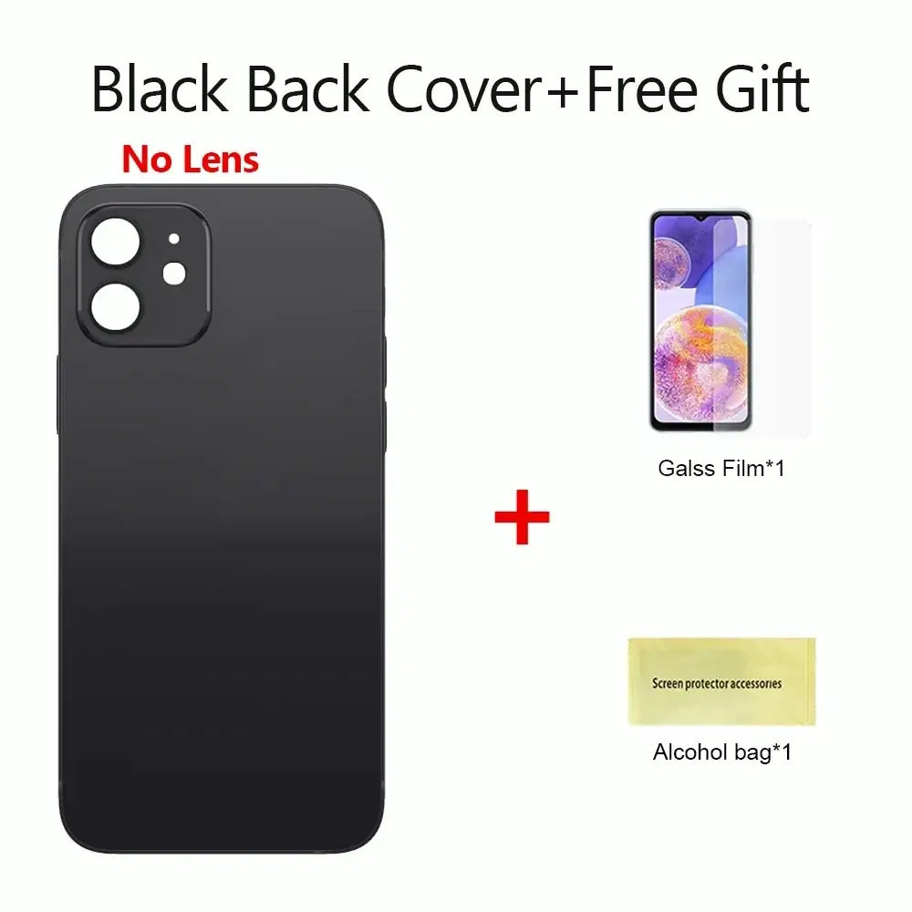 Black matte glass back cover housing for iphone 12 with dual-camera cutout shown from the back side