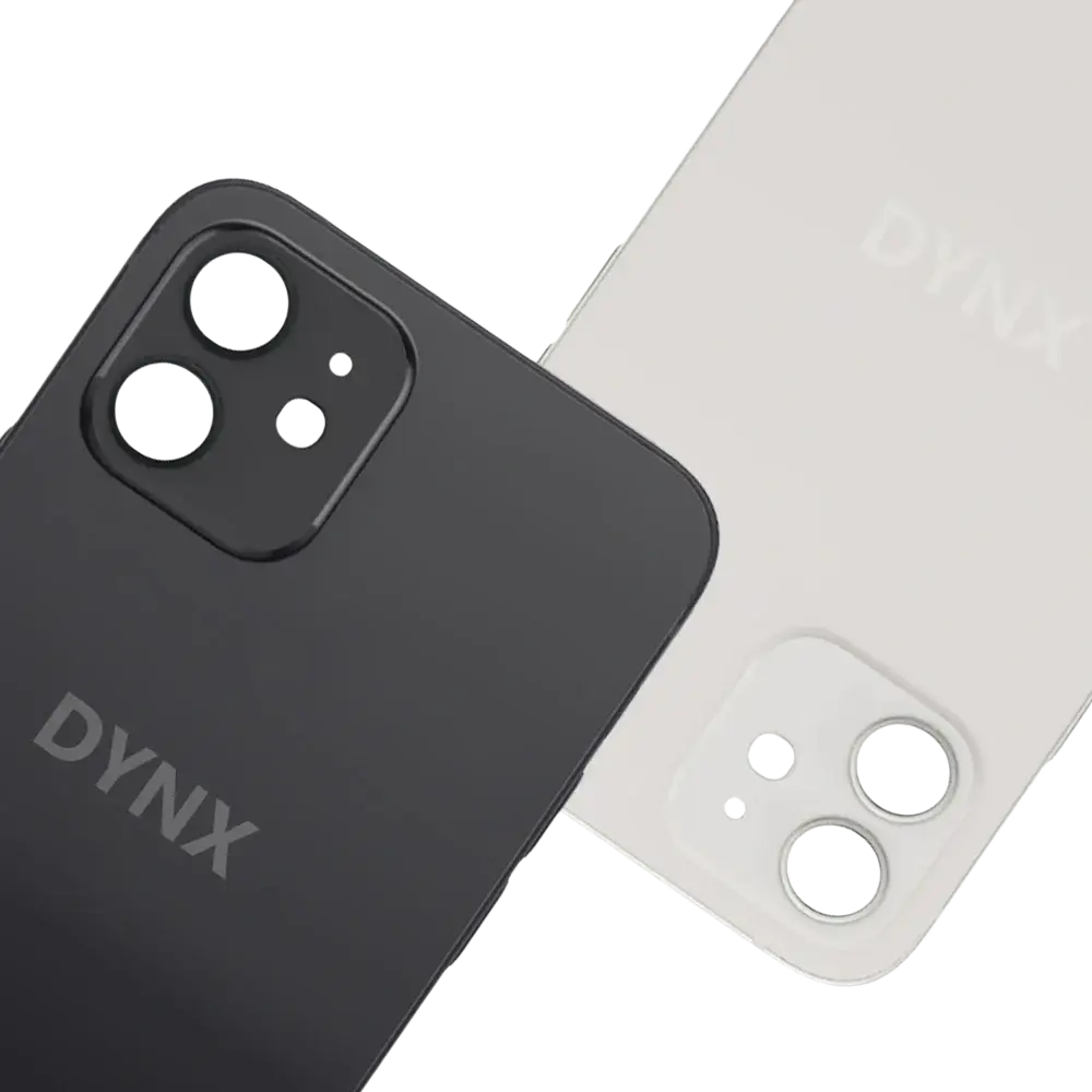 Iphone 12 replacement glass back covers in black and white with sleek minimalist design and dynx brand logo on back side