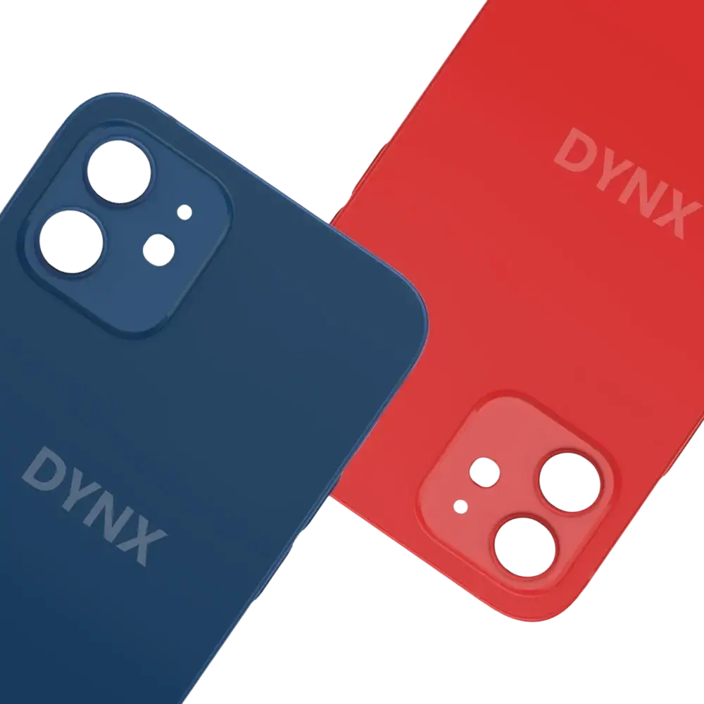 Back side of blue and red iPhone 12 replacement glass back cover housing with sleek matte finish and durable material