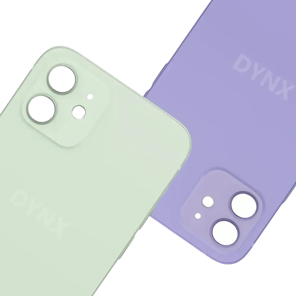 Pastel green and lavender iphone 12 replacement glass back cover housing with sleek minimalist design and embossed dynx logo