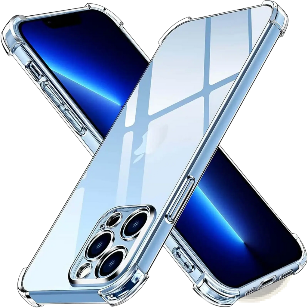 IPhone 13 Pro clear shockproof silicone case showing back with transparent glossy finish and reinforced edges