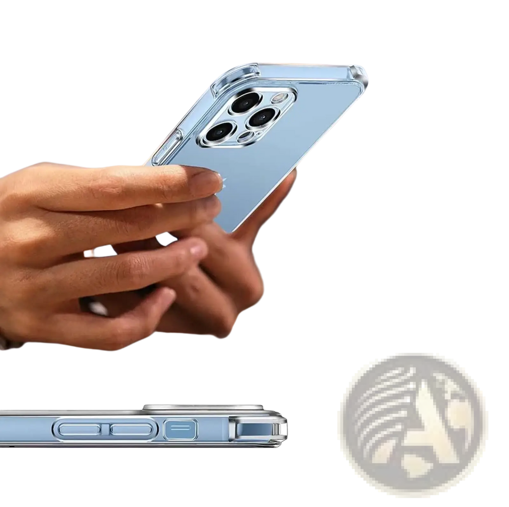 Back side view of iphone 13 pro max clear shockproof silicone case with slim transparent design revealing light blue phone