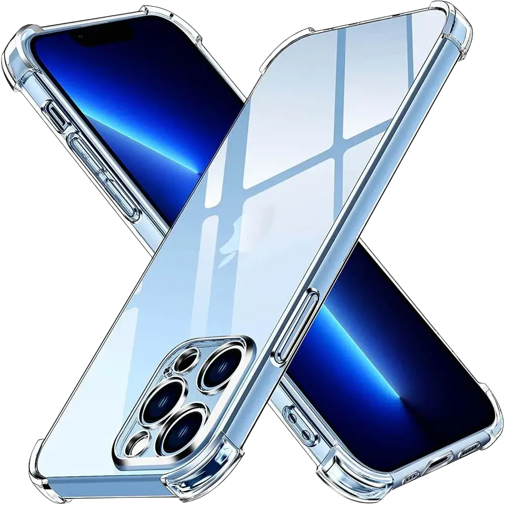 IPhone 13 Pro clear shockproof silicone case showing back with transparent glossy finish and reinforced edges