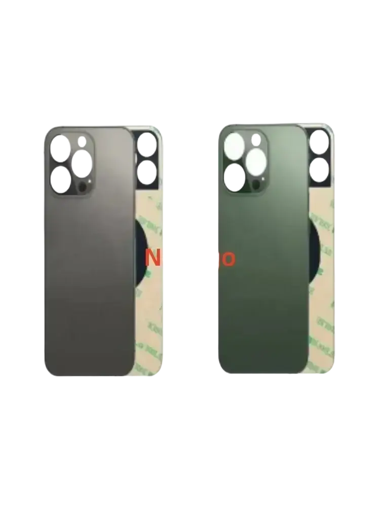 Two iphone 13 pro replacement back glass covers in space gray and green with sleek finish and precise camera cutouts