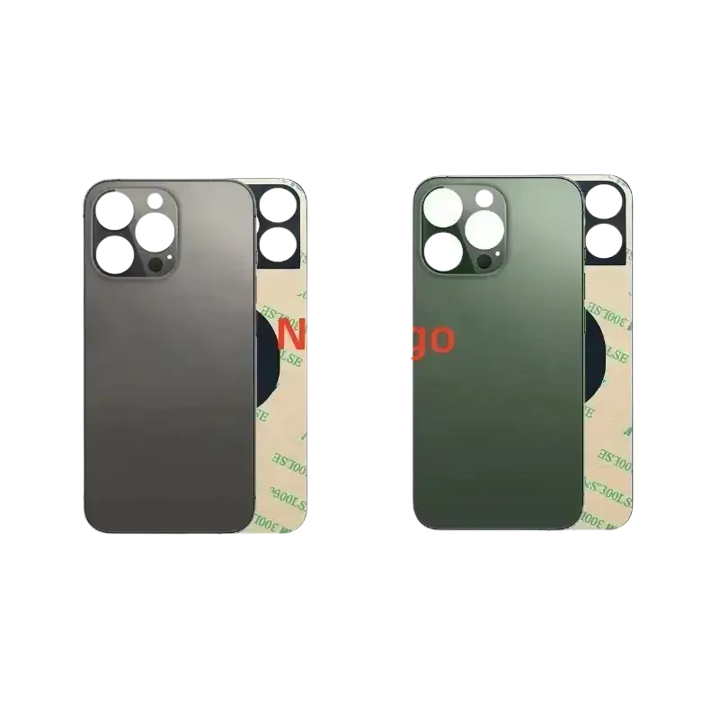 Two iphone 13 pro replacement back glass covers in space gray and deep green with triple-camera module design