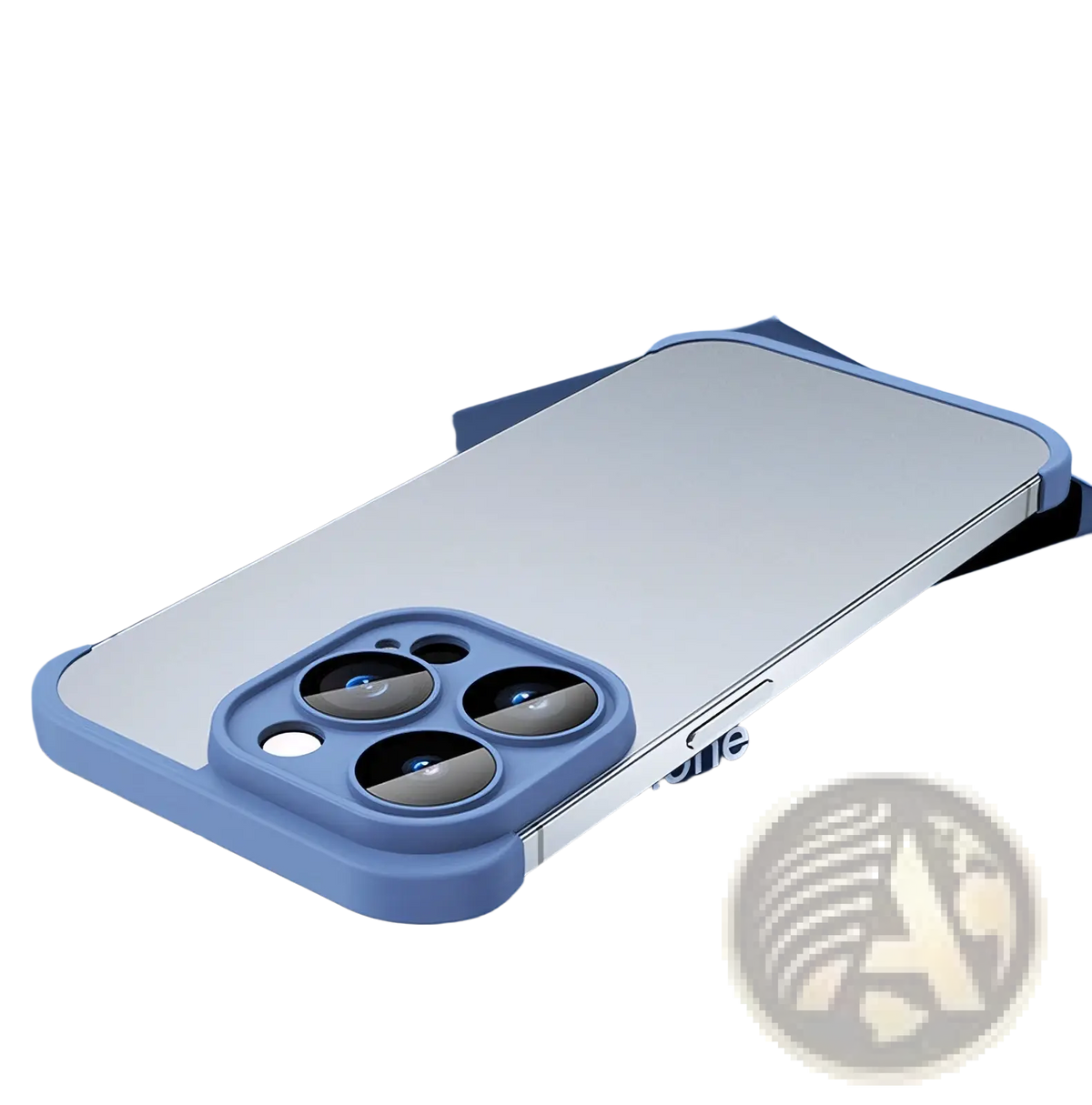 Back side of silver mirror iphone 13 pro tpu case with a blue silicone camera bump and lens film protection