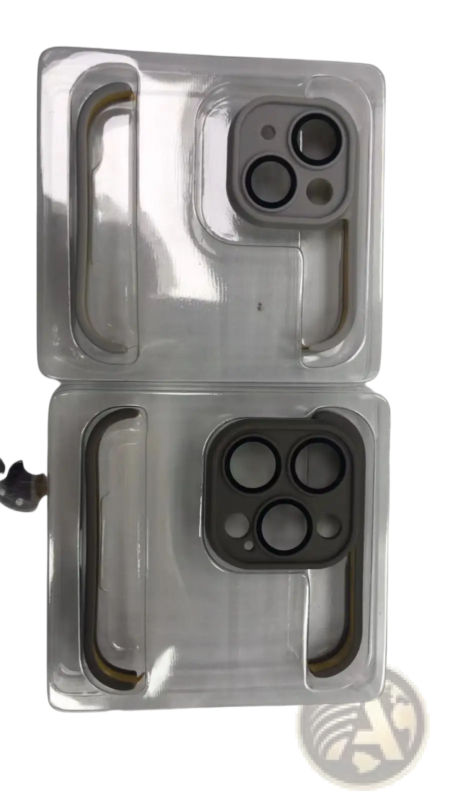 Back side of gray TPU iPhone 13 Pro case with a phone camera lens protector featuring black circular triple-lens cutouts