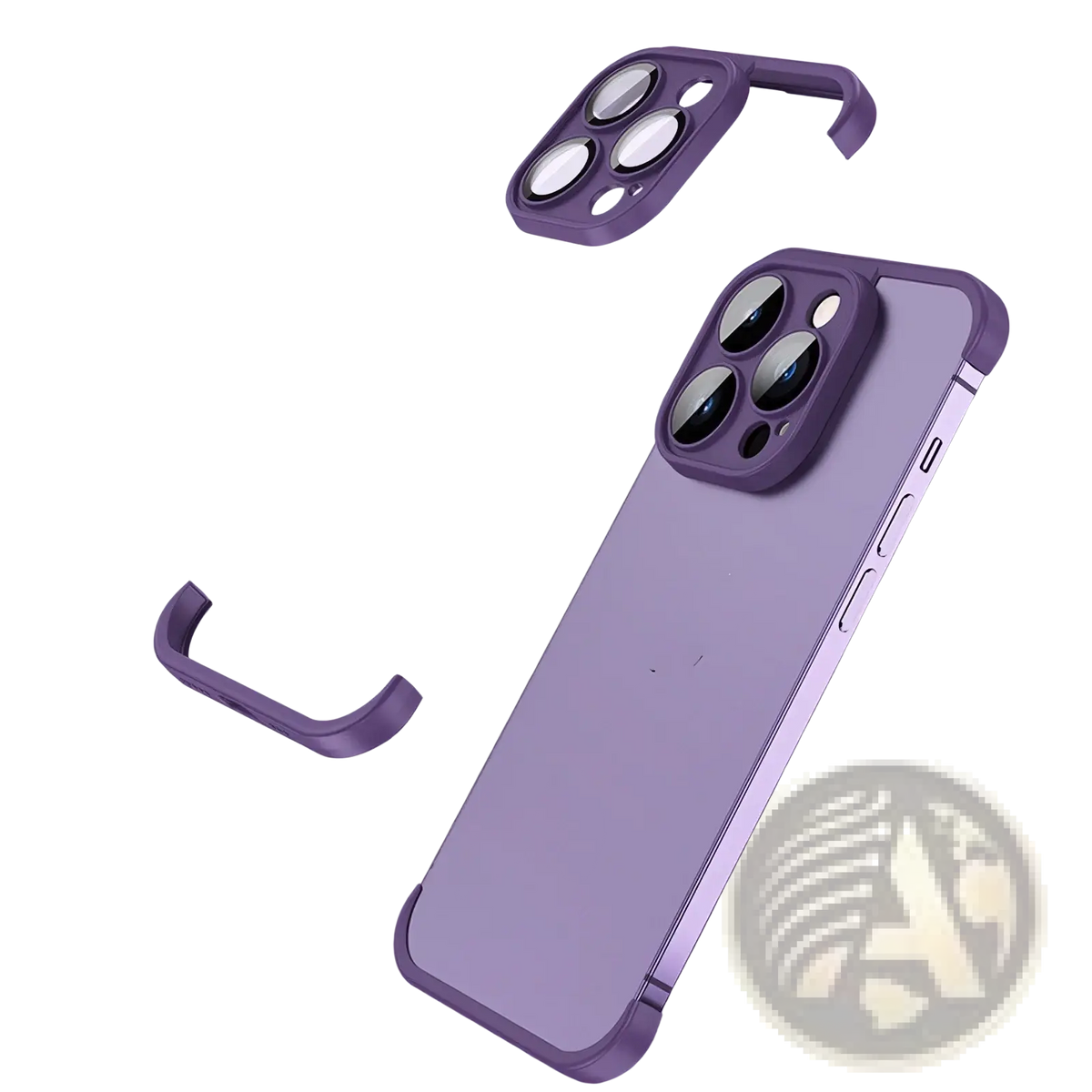 Purple transparent tpu iphone 13 pro case with matching camera lens cover and clip shown from the back side