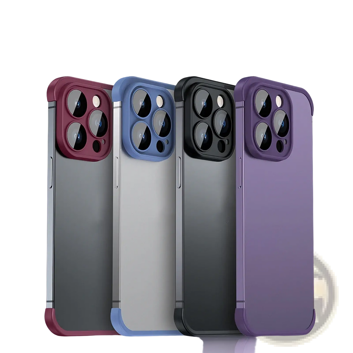 Back view of four iphone 13 pro tpu cases in maroon blue black and purple with clear camera cutouts and lens film