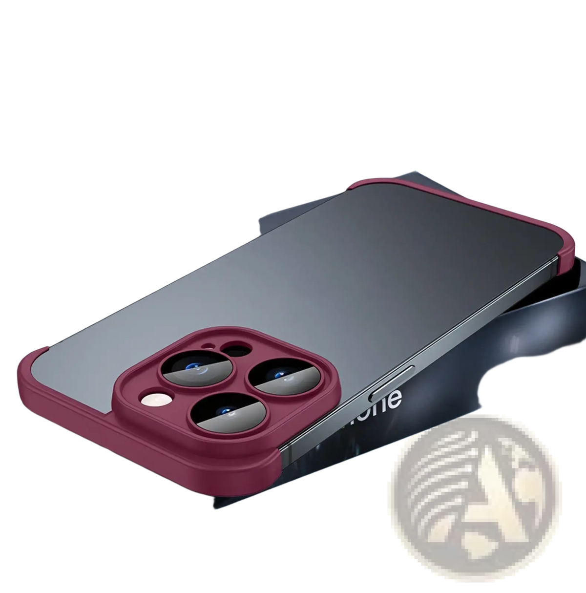 Back of a sleek black iphone 13 pro tpu case with a bold burgundy silicone frame and camera cutout with lens film