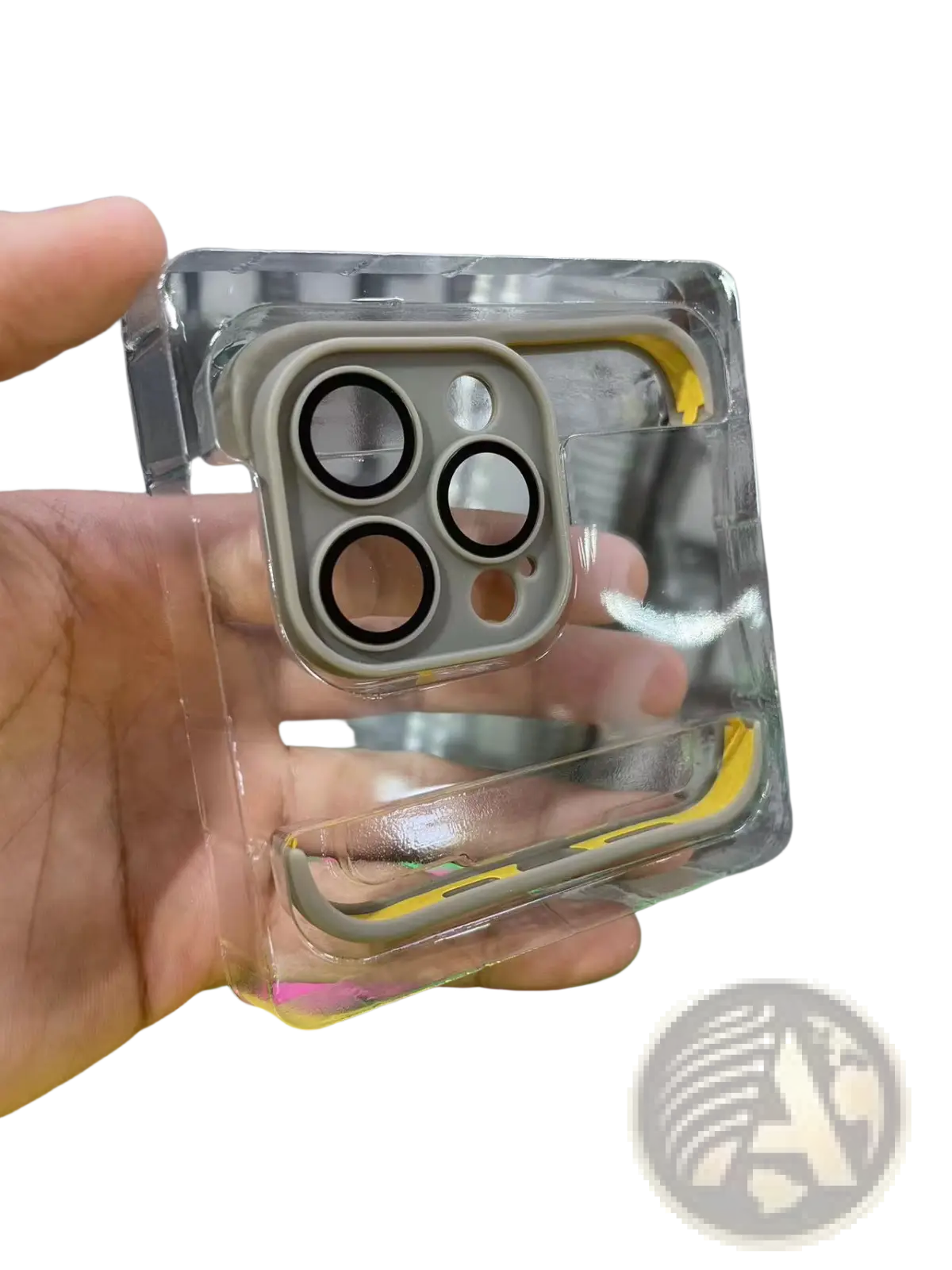 Clear TPU protective lens cover with gray and yellow accents for iPhone 13 Pro camera on back side of case