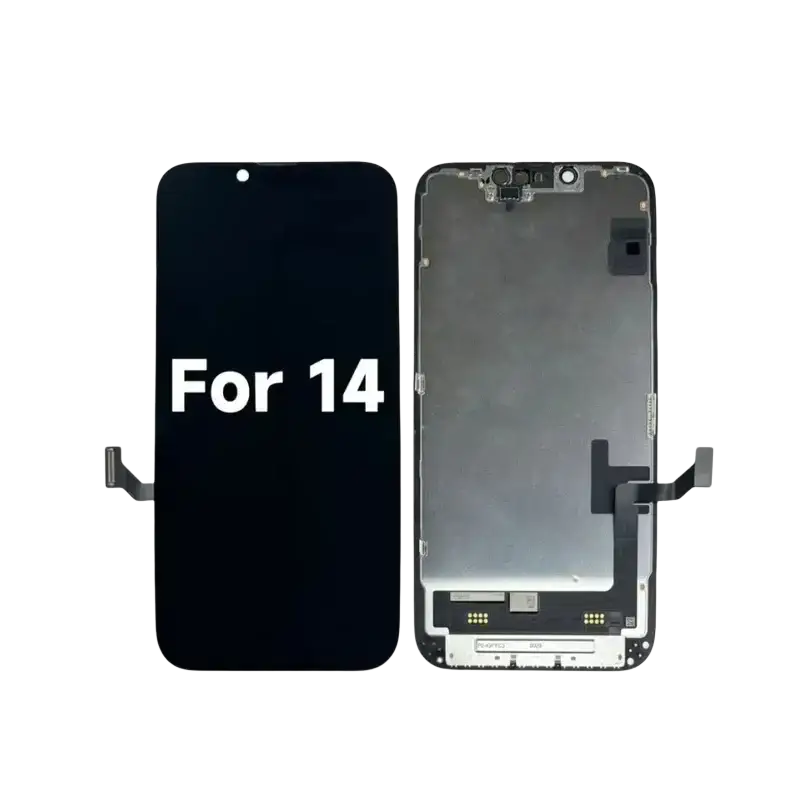 Black iphone 14 pro max original lcd screen assembly showing front display and back internal camera module view