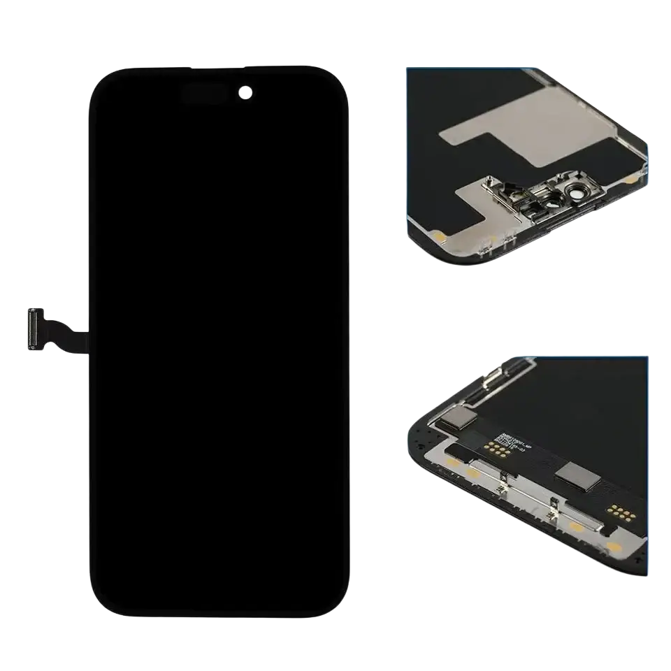 Black iphone 14 pro max original lcd screen assembly with sleek curved edge design and integrated front camera housing compatible brand