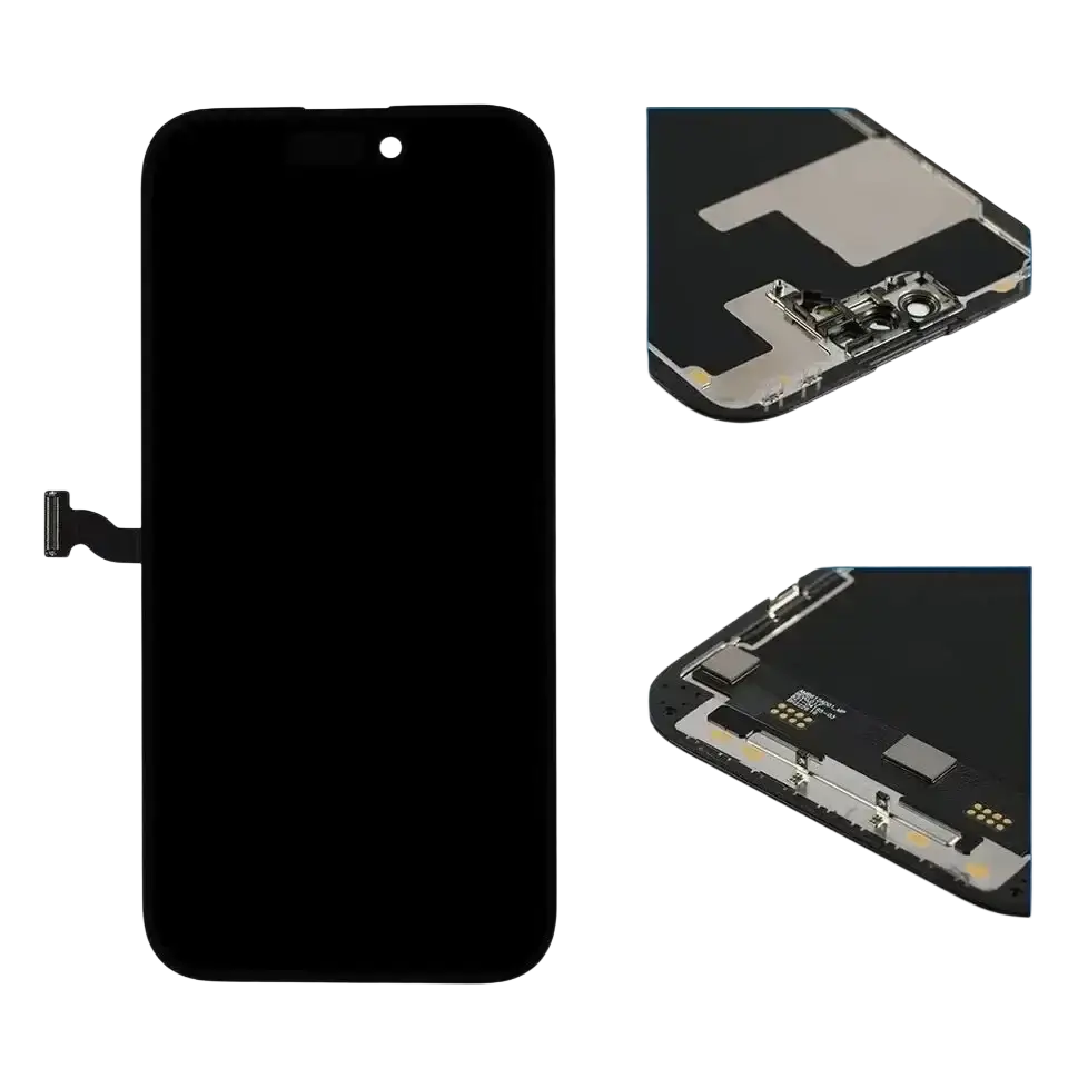 Black iphone 14 pro max lcd screen assembly with sleek curved edge design and visible internal components