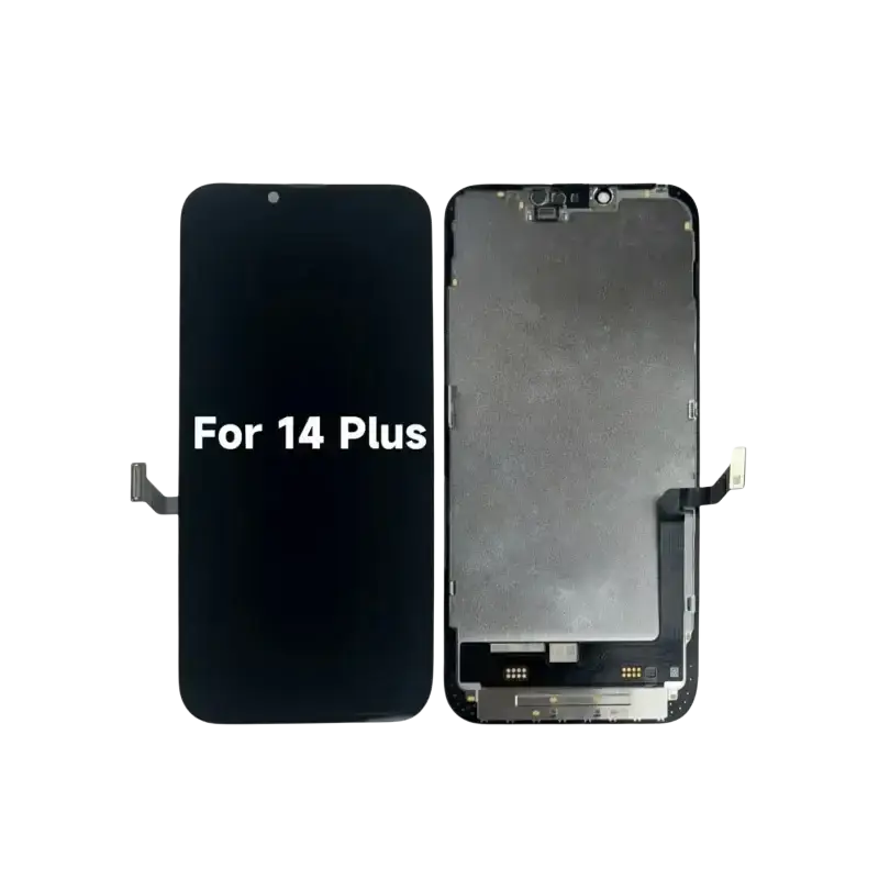 Black lcd screen assembly for iphone 14 plus shown with front and back views suitable for pro max models