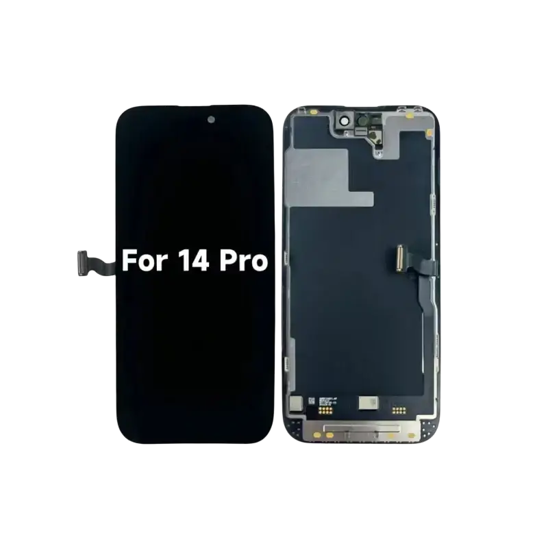 Black iphone 14 pro max original lcd screen assembly showing front display and rear component with internal connectors