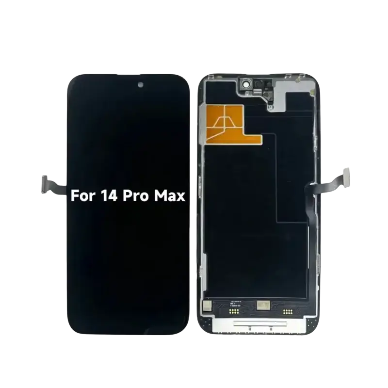 Iphone 14 pro max original black lcd screen assembly showing front display and back internal components views