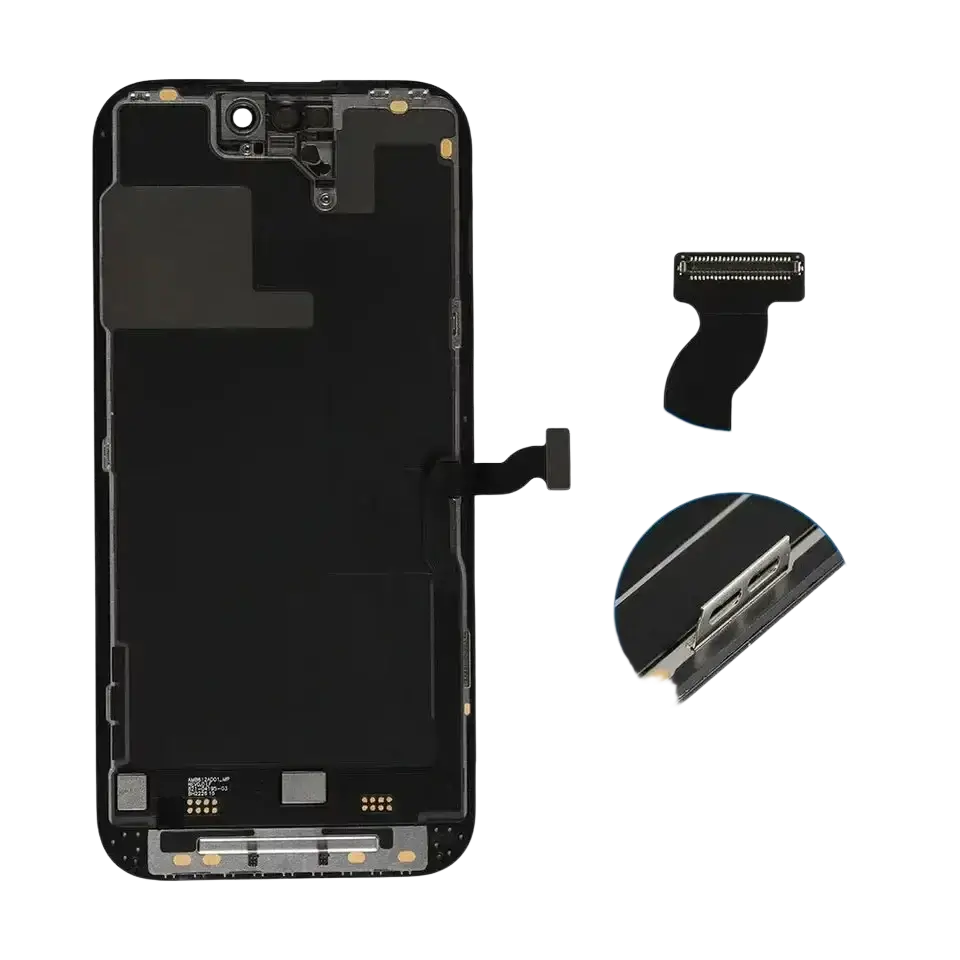 Black iphone x lcd screen assembly showing internal components and connectors for iphone 14 pro max replacement