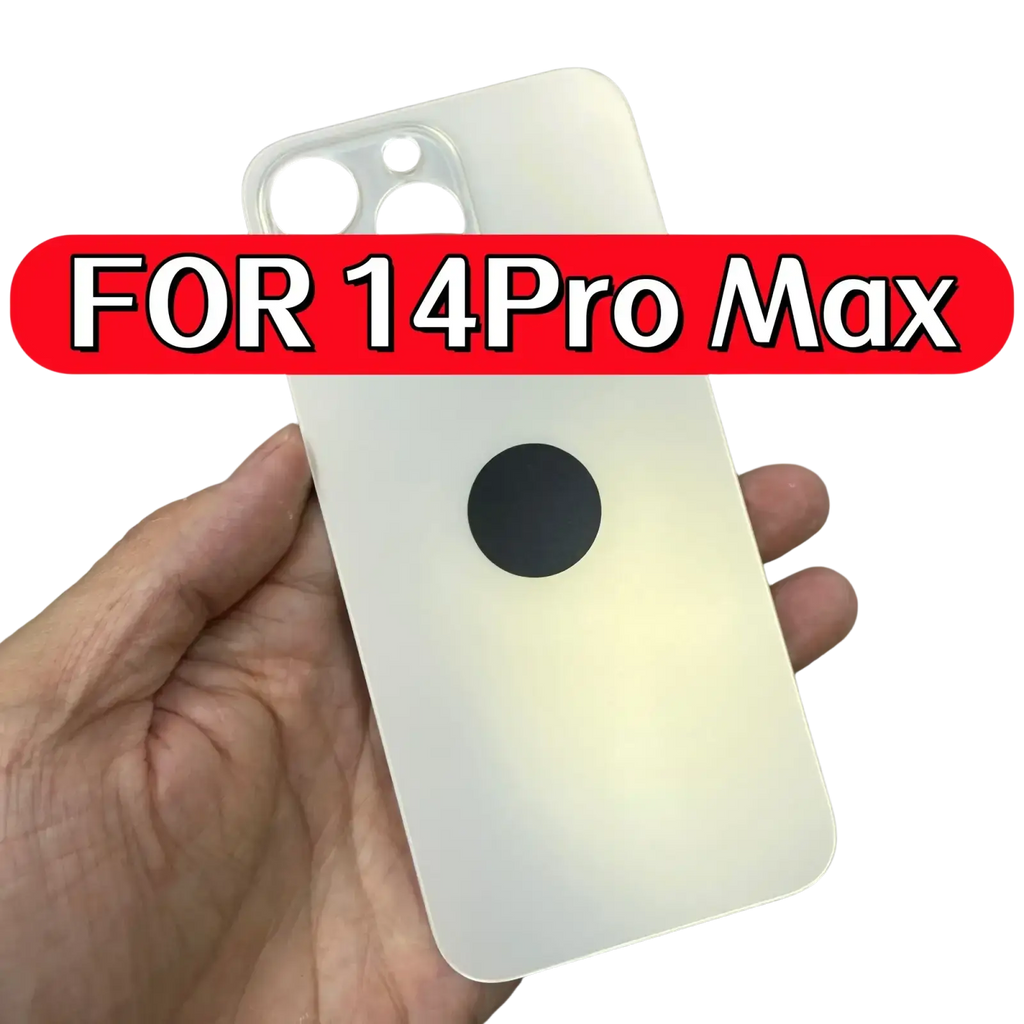 Back side of iphone 14 pro max white matte glass back cover with circular black camera cutout and precise edges