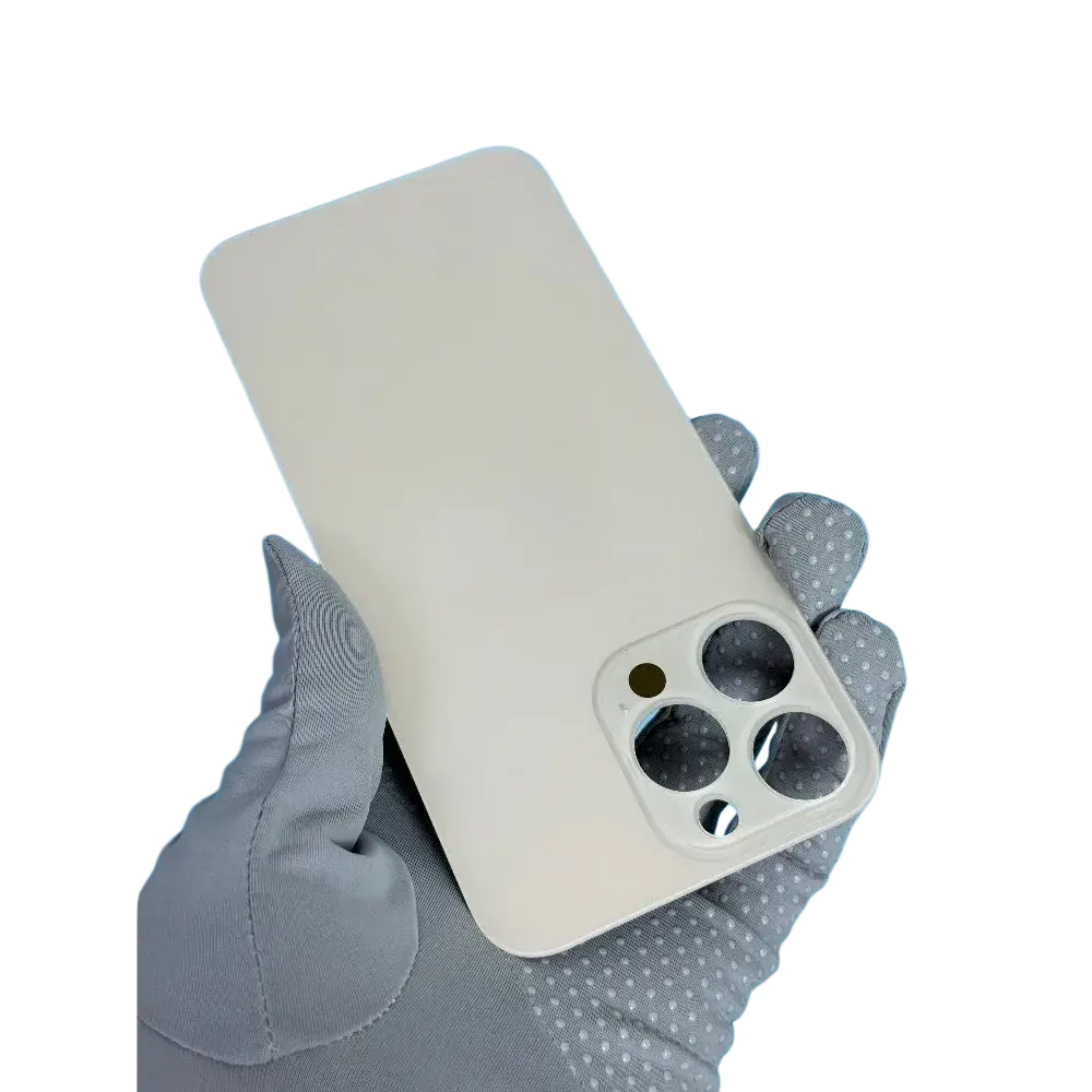 Back side of iPhone 14 Pro Max white matte glass back cover with rectangular camera module housing four lenses and flash